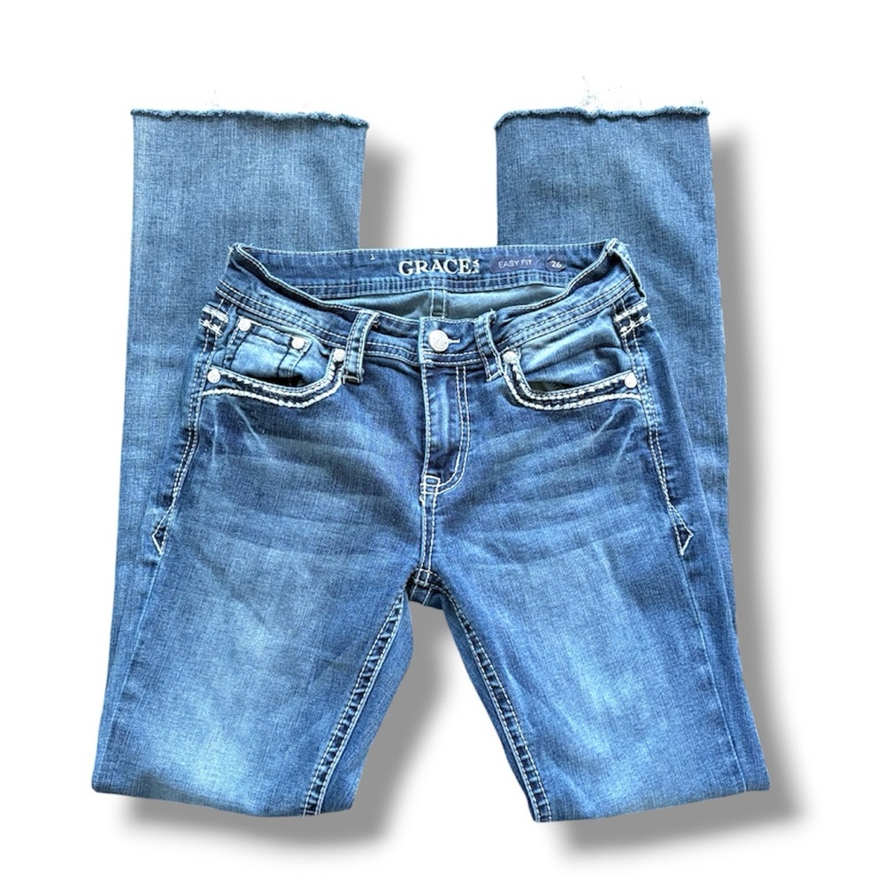 Grace In LA Size 26 Denim Boot Cut Jeans Embellished Cross Pockets Rhinestones - Picture 3 of 6